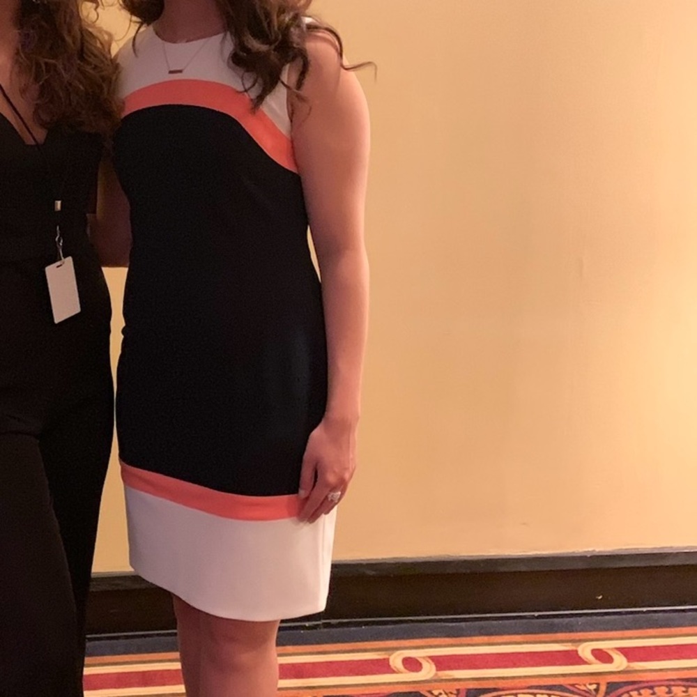 Navy, coral and white shift dress